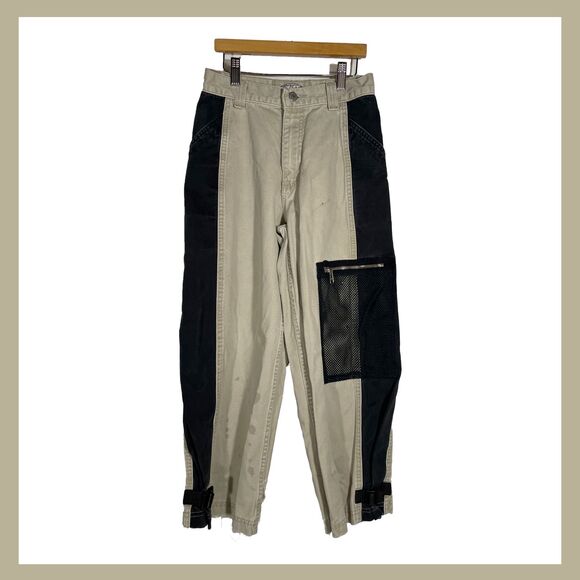 Vintage Y2K Lee Pipes BMX Pants 25x23 Tan Black Patch Logo Mesh Unisex Teen READ - Picture 1 of 16